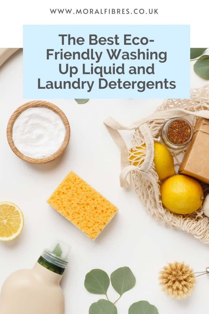 Image of cleaning products with a blue text box that says the best eco-friendly washing-up liquid and laundry detergent