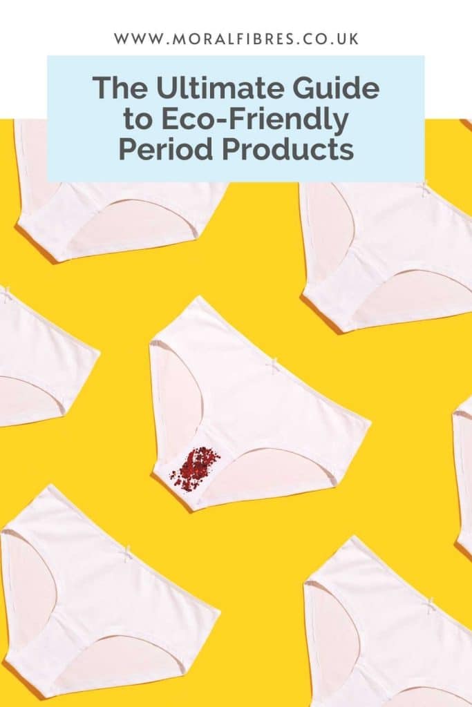 Image of white knickers on a yellow background with a blue text box that says the ultimate guide to eco-friendly period products