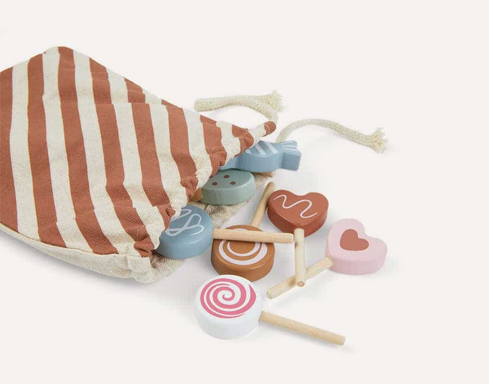 A Wooden sweets play set in a brown striped cotton bag makes for a great eco-friendly stocking filler.