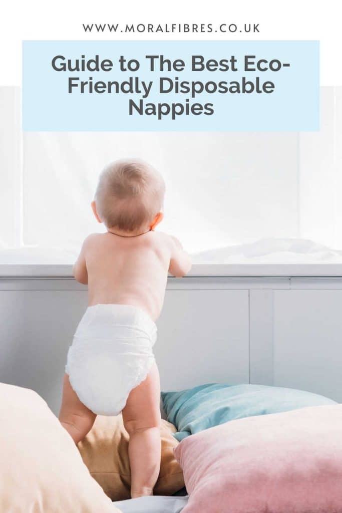 Image of a baby wearing only a nappy, with a blue text box that says guide to the best eco-friendly disposable nappies