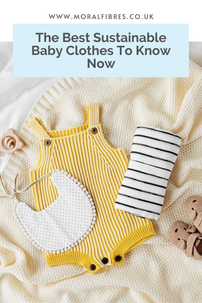 An image of a yellow baby suit on a cream background with a blue text box that says the best sustainable baby clothes to know now.