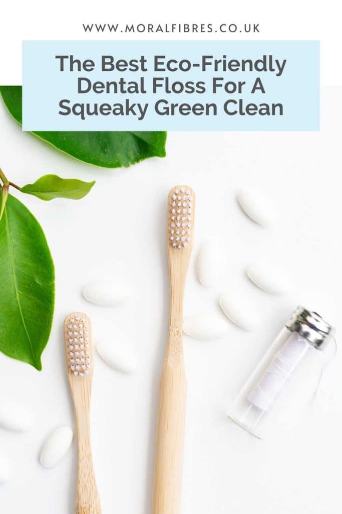 Image of two wooden toothbrushes and dental floss in a glass jar, with a blue text box that says the best eco-friendly dental floss for a squeaky green clean