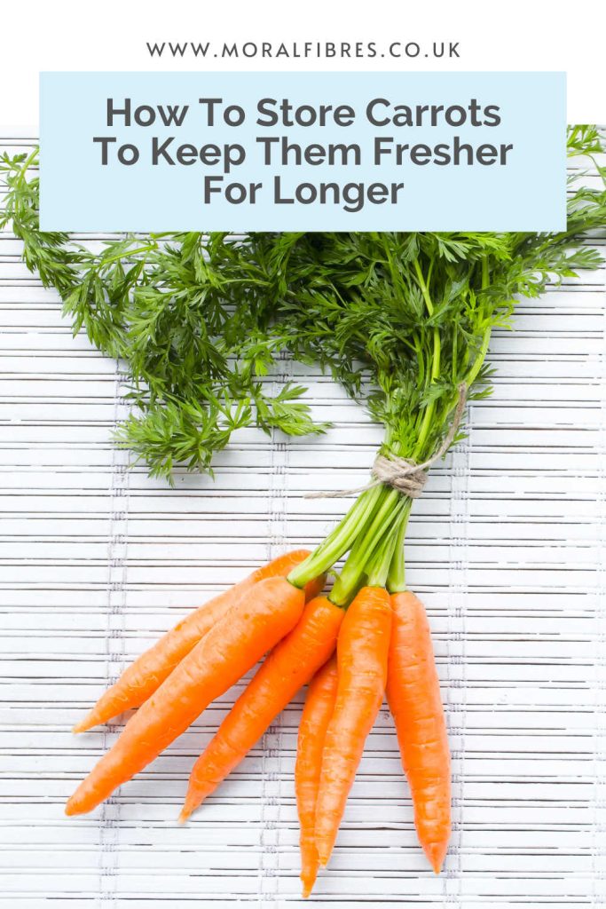 A bunch of carrots on a white background with a blue text box that says how to store carrots to keep them fresher for longer