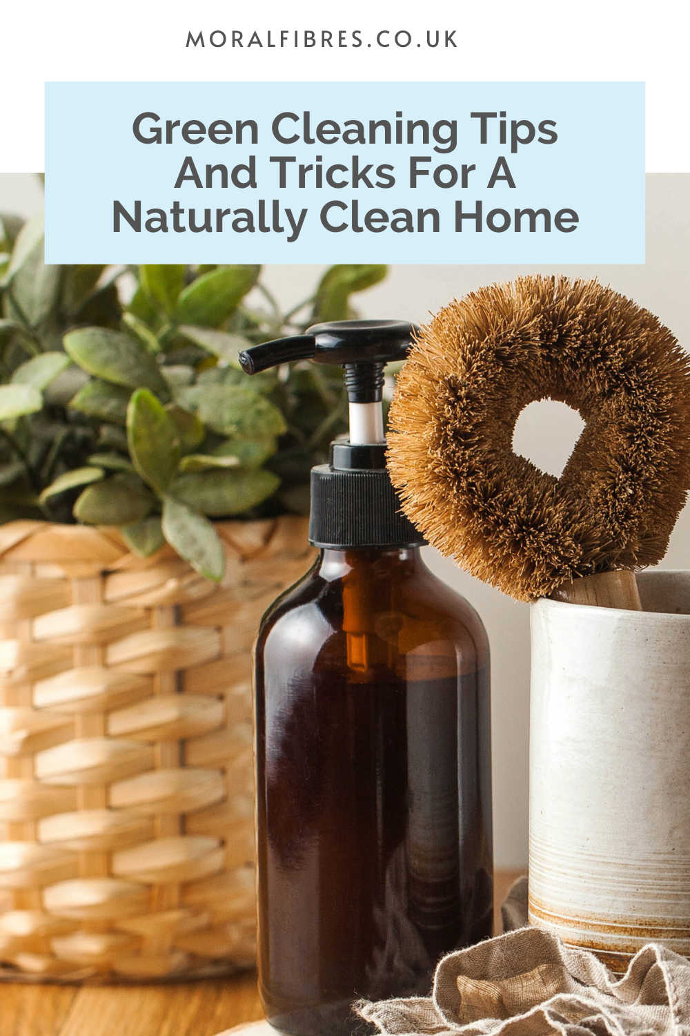 Eco cleaning products, with a blue text box that says green cleaning tips and tricks for a naturally clean home.