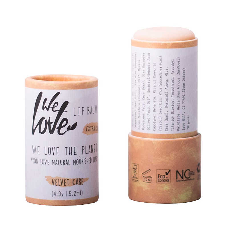 We Love The Planet eco-friendly lip balm in a cardboard tube.