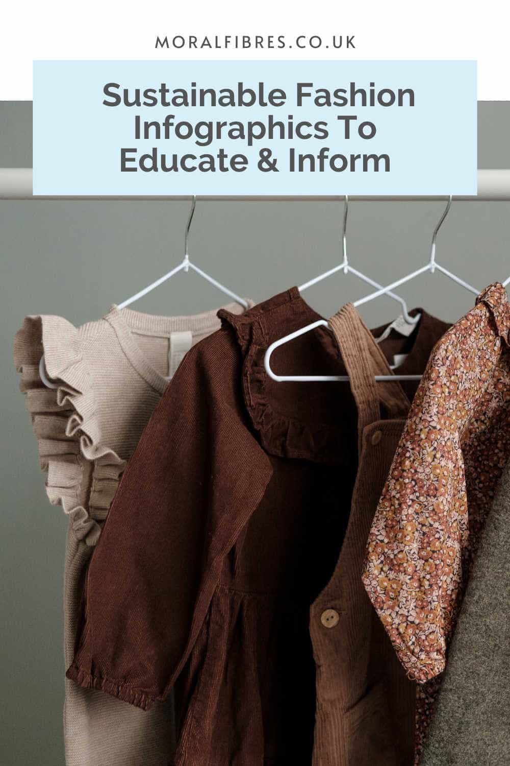 Clothes on a rail with a blue text box that reads sustainable fashion infographics to educate and inform.