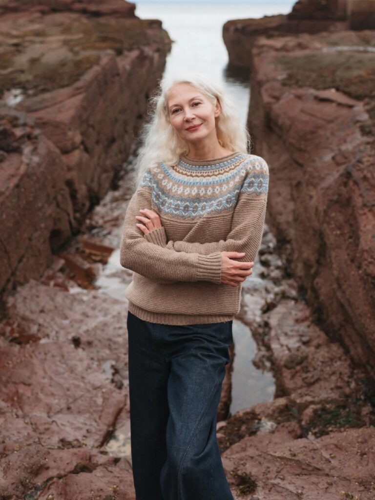 Person in a brown knit jumper and jeans standing beside cliffs by the sea