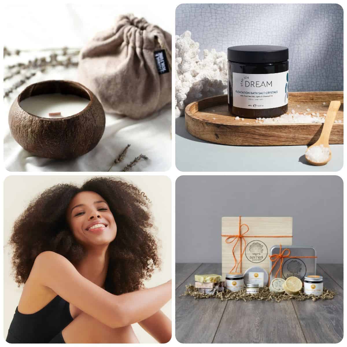 Selection of sustainable products available at Etikora - from clockwise a coconut candle, a jar of bath salts on a wooden tray, a sustainable skincare gift set in a wooden box, and a smiling woman in a black organic cotton top.
