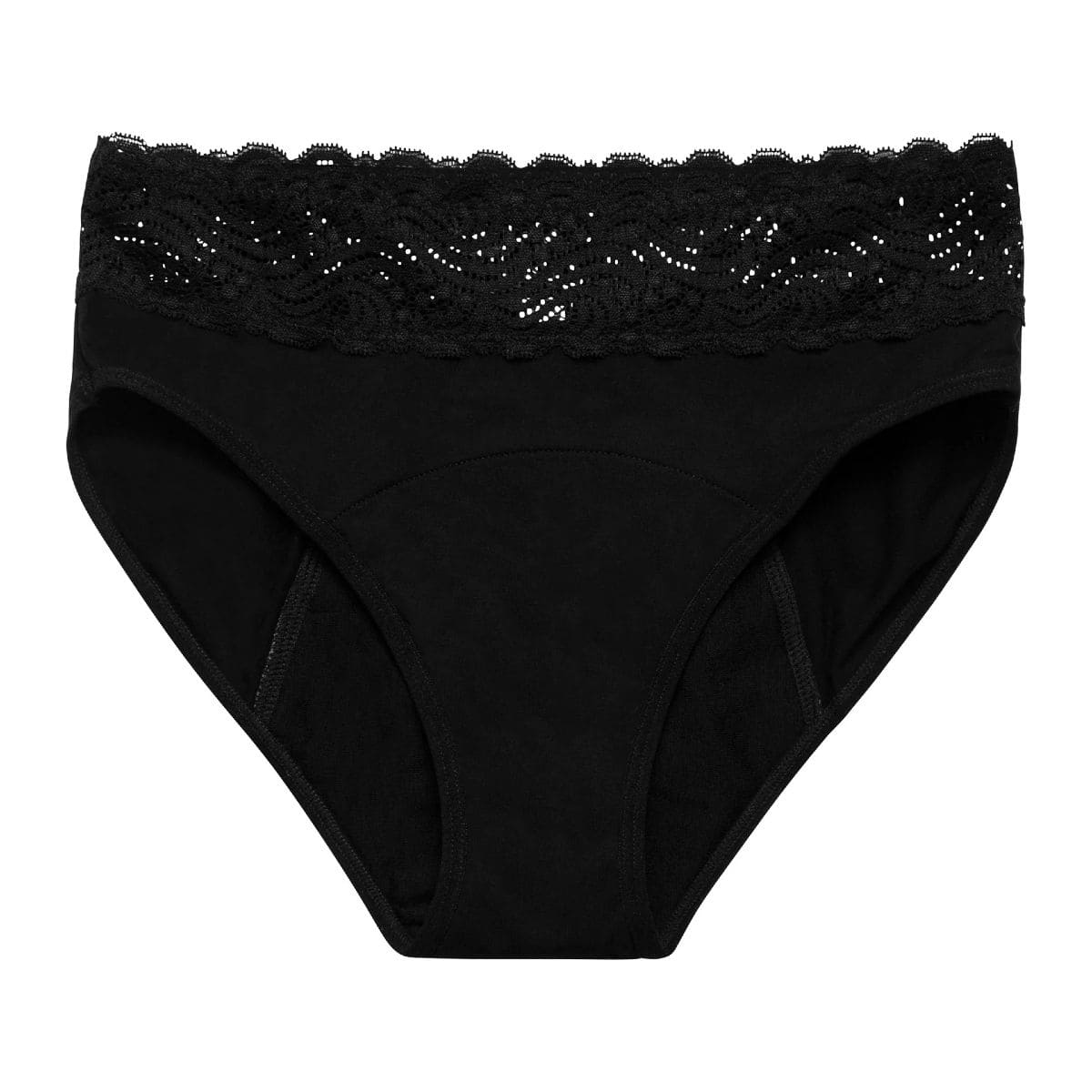 Pair of black lace period pants from Modibodi on a white background